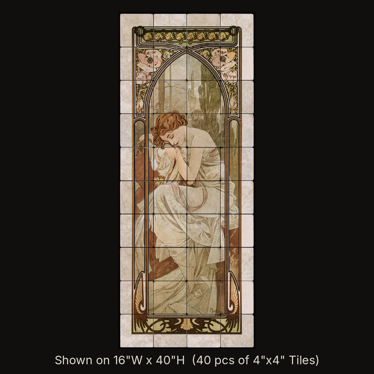 La Nuit inspired by Alphonse Mucha, stone mural shown on 16"W x 40"H (40 pcs of 4"x4" tumbled marble tiles)