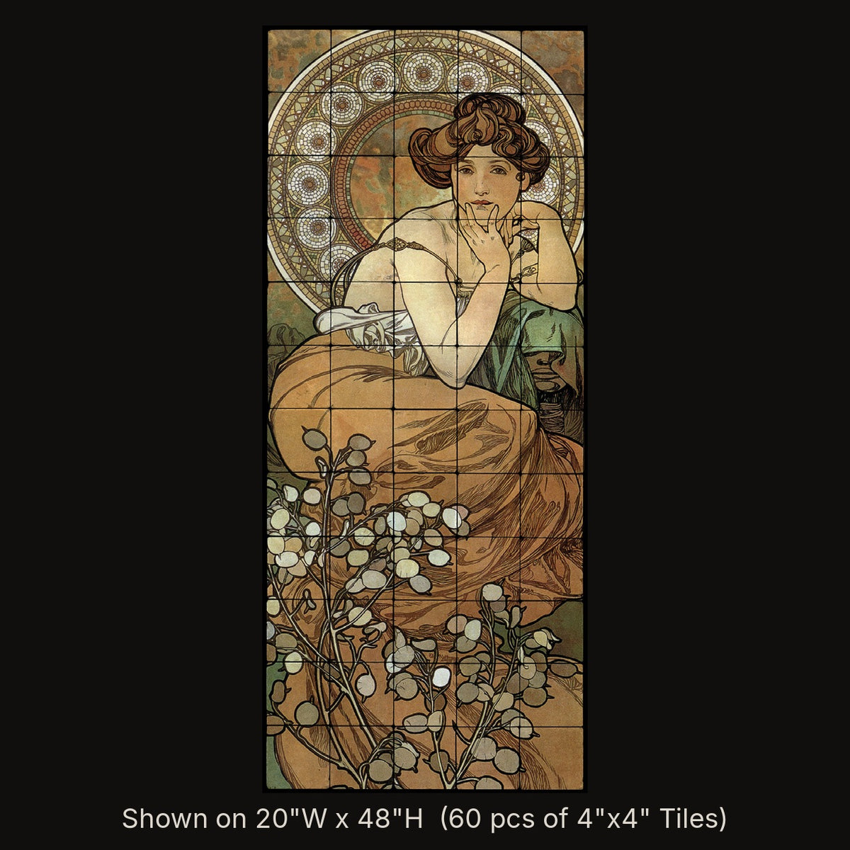 Topaz inspired by Alphonse Mucha, stone mural shown on 20"W x 48"H (60 pcs of 4"x4" tumbled marble tiles)