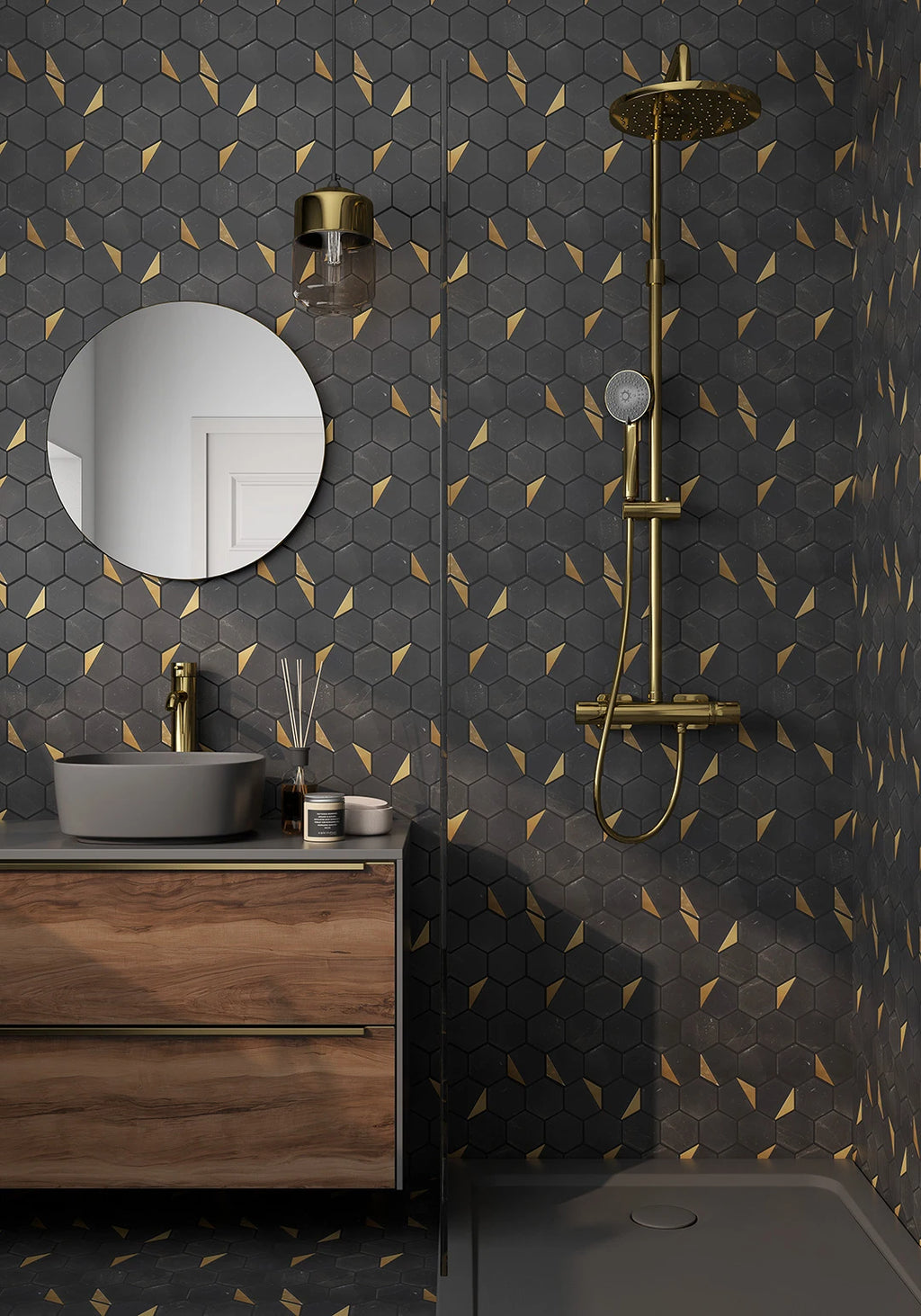 Rockart Nero Marquina Hexagon Marble Mosaic Tile – room scene