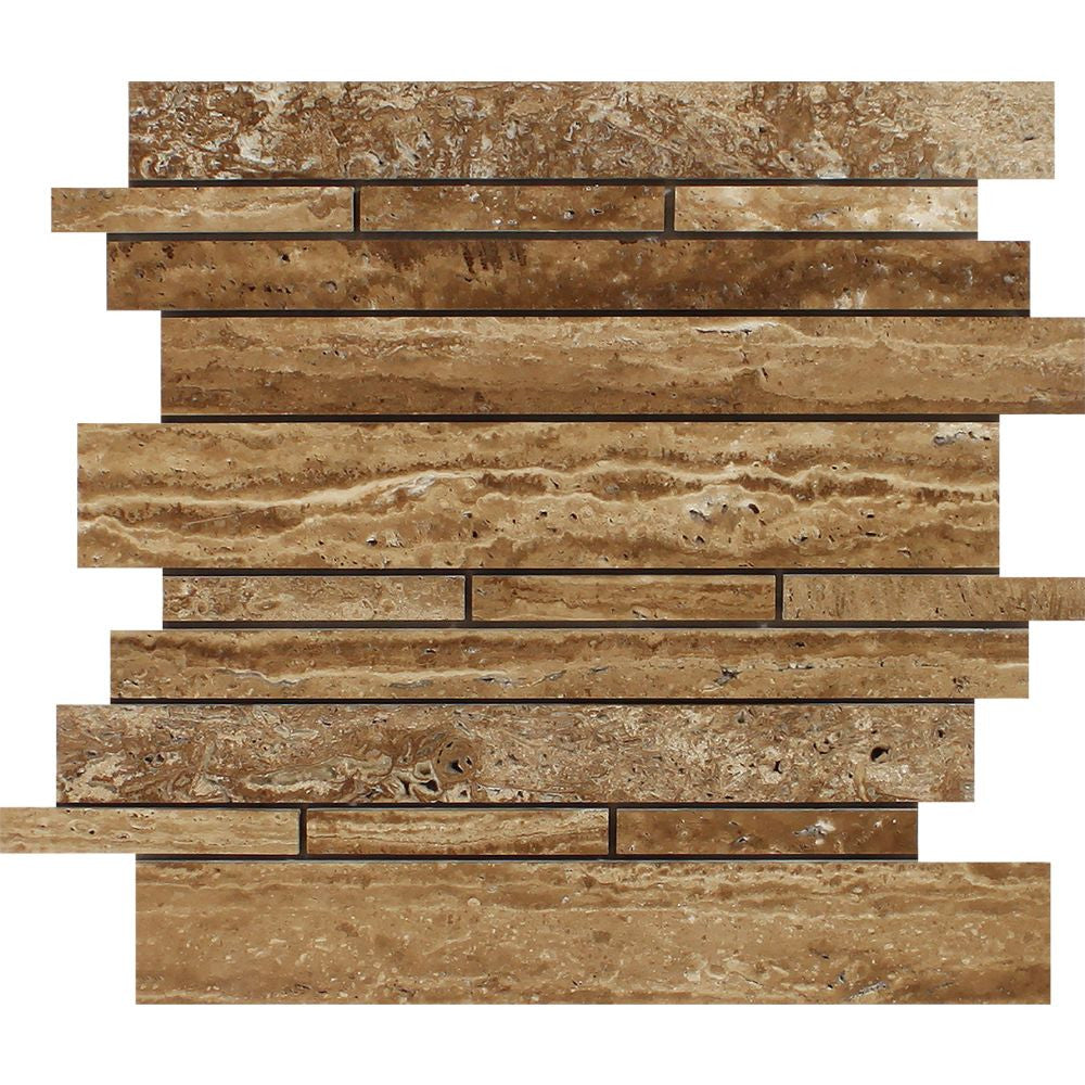 Noce Exotic (Vein-Cut) Unfilled, Brushed Travertine Random Strip Mosaic Tile