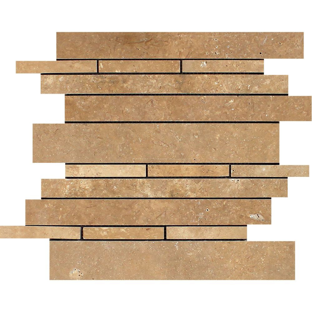 Noce Honed Travertine Random Strip Mosaic Tile