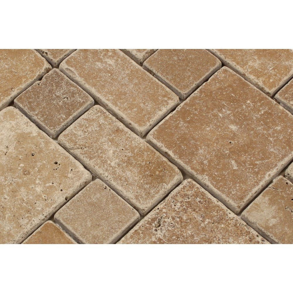 Noce Tumbled Travertine Mini Pattern Mosaic Tile (Non-Interlocking)
