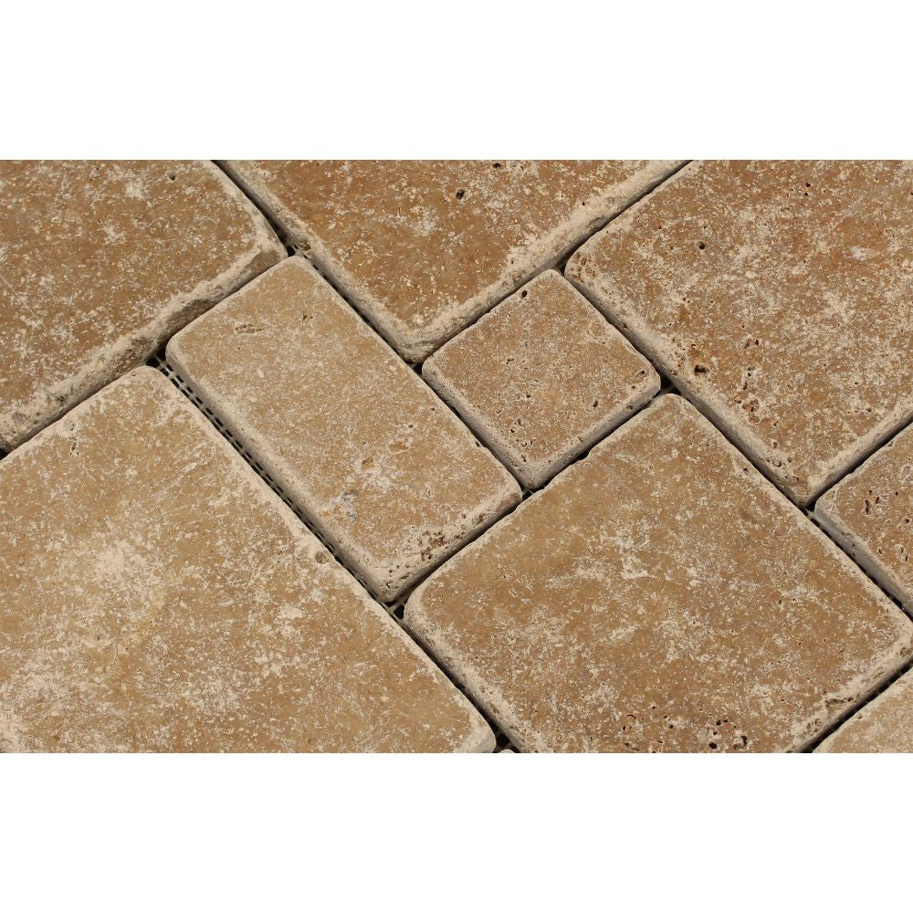 Noce Tumbled Travertine OPUS Mini Pattern Mosaic Tile (Interlocking)