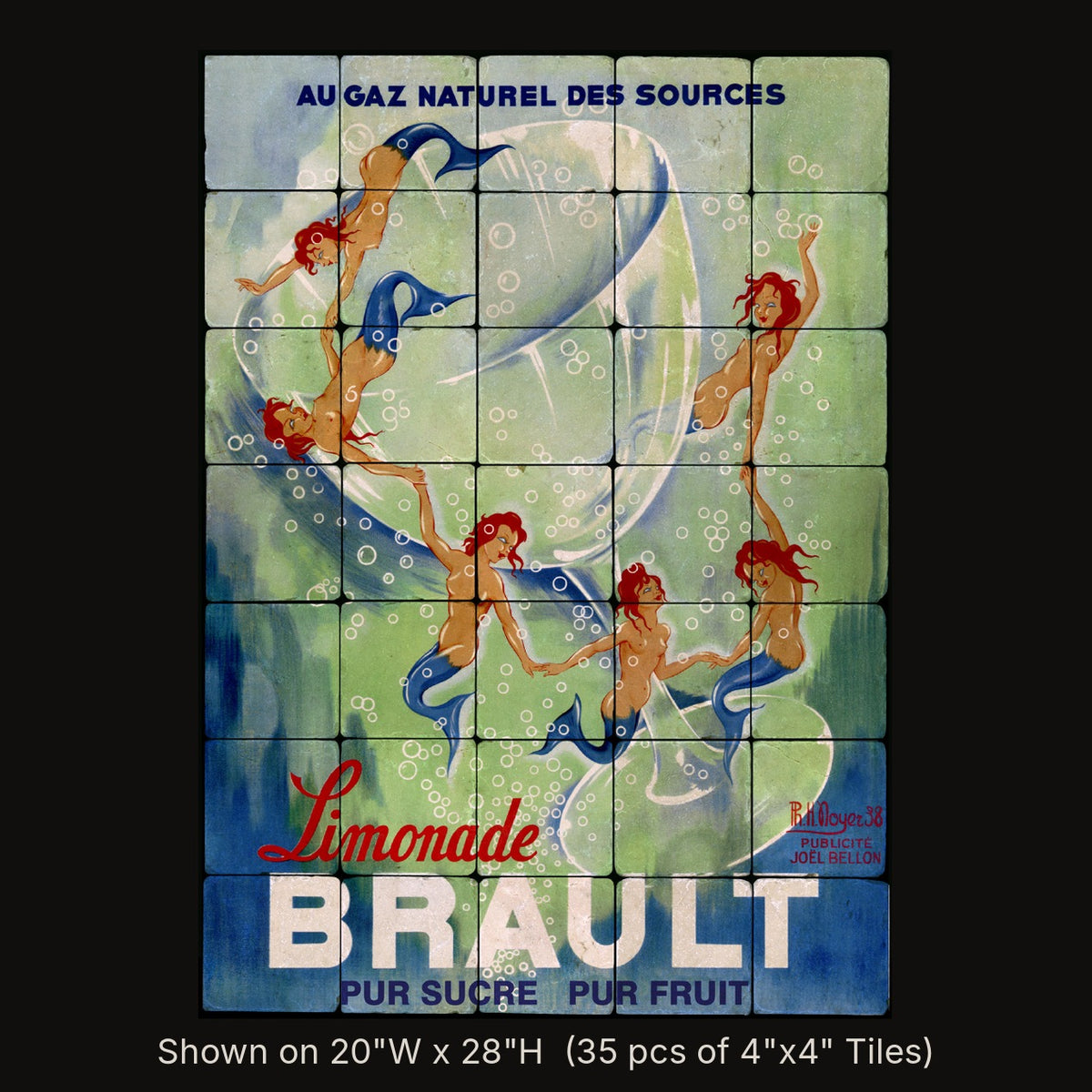 Limonade Brault inspired by Philippe Henri Noyer, stone mural shown on 20"W x 28"H (35 pcs of 4"x4" tumbled marble tiles)