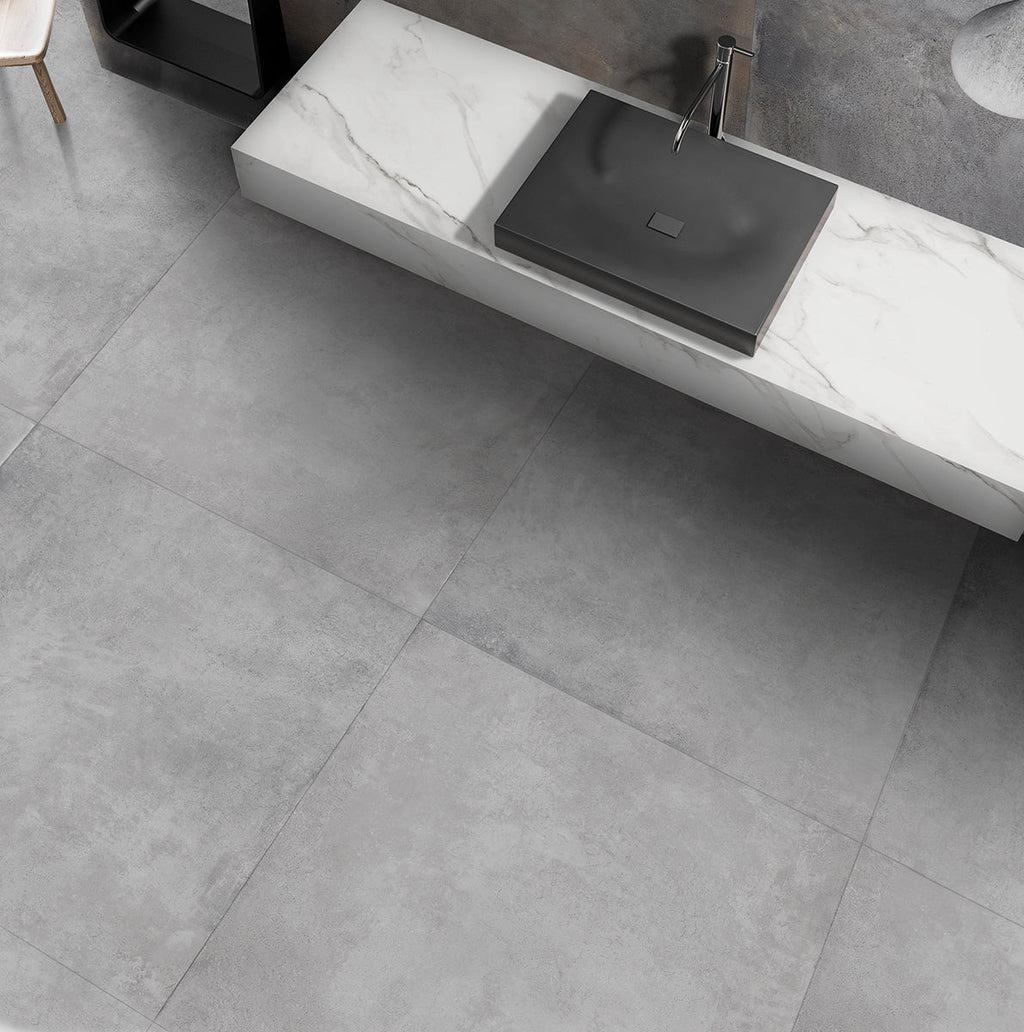 Promenade Silver Porcelain Tile – room scene