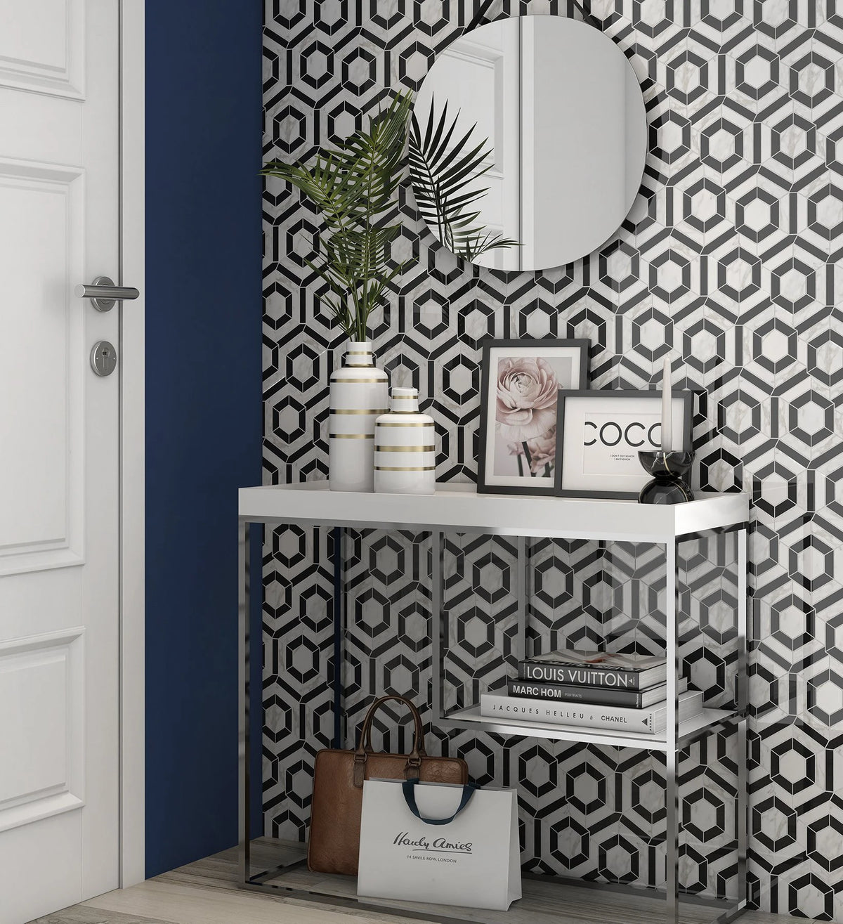 Rockart Black & White Hexagon Marble Mosaic Tile – room scene
