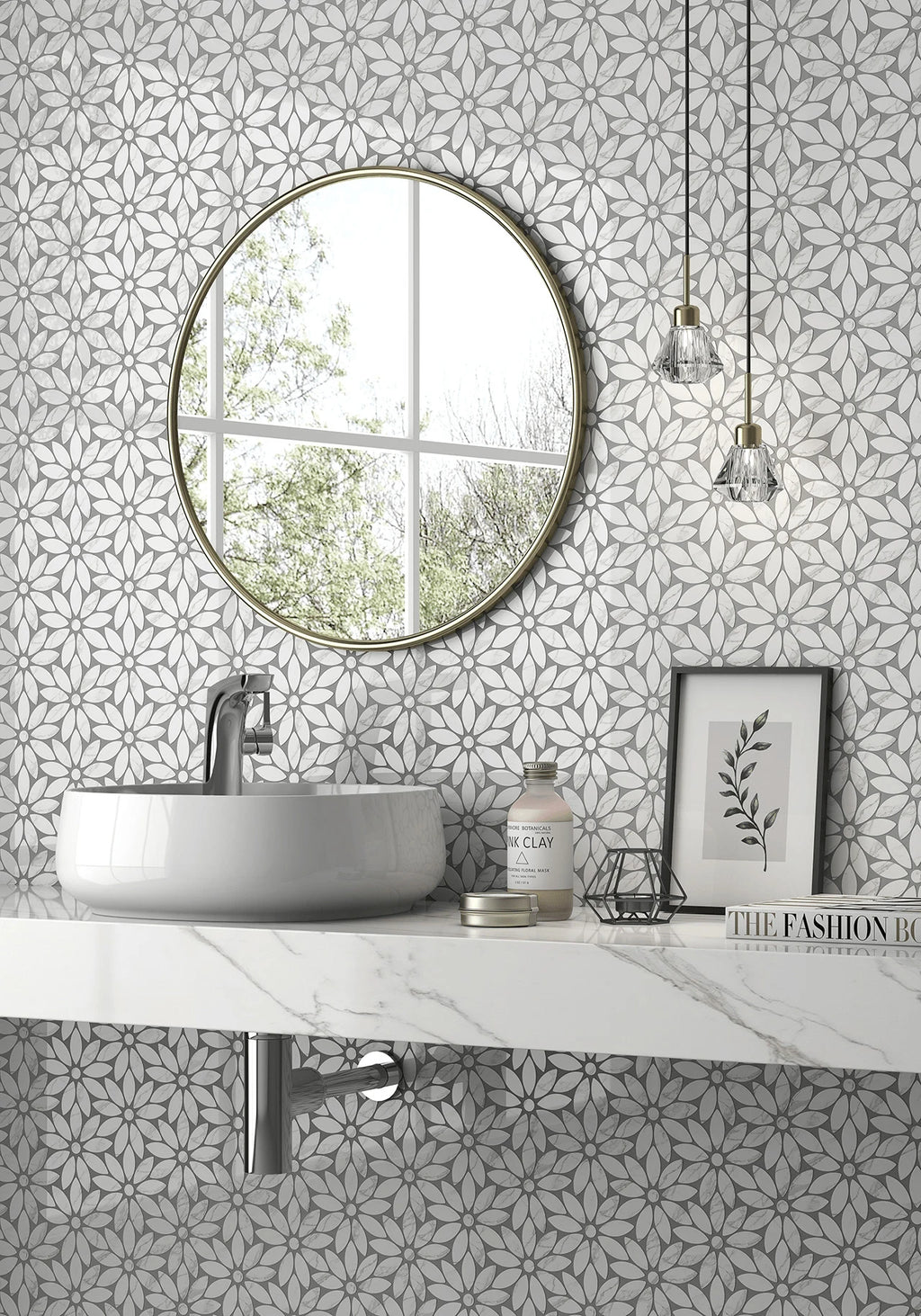 Rockart Daisy Flower Marble Mosaic Tile – room scene