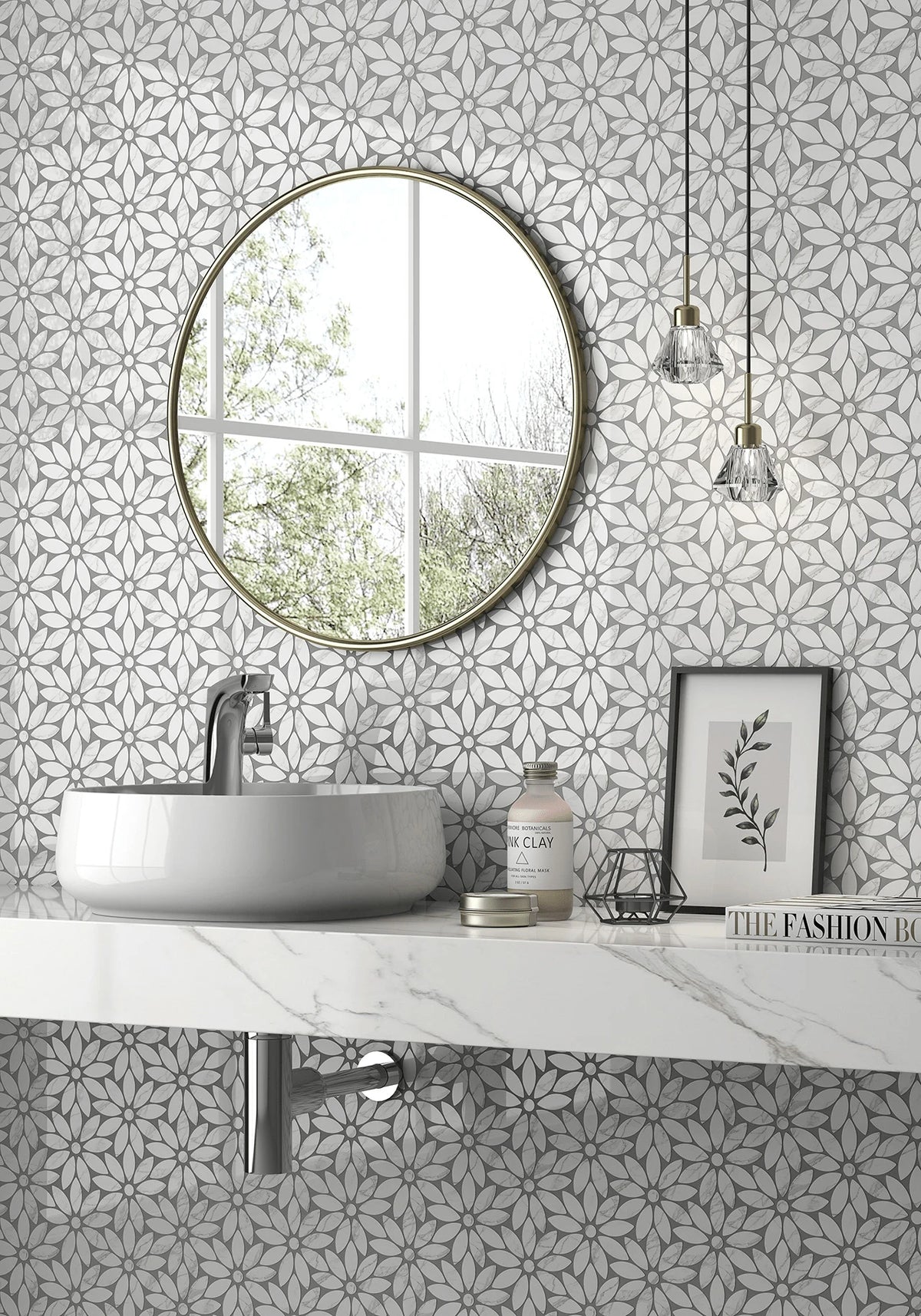 Rockart Daisy Flower Marble Mosaic Tile – room scene