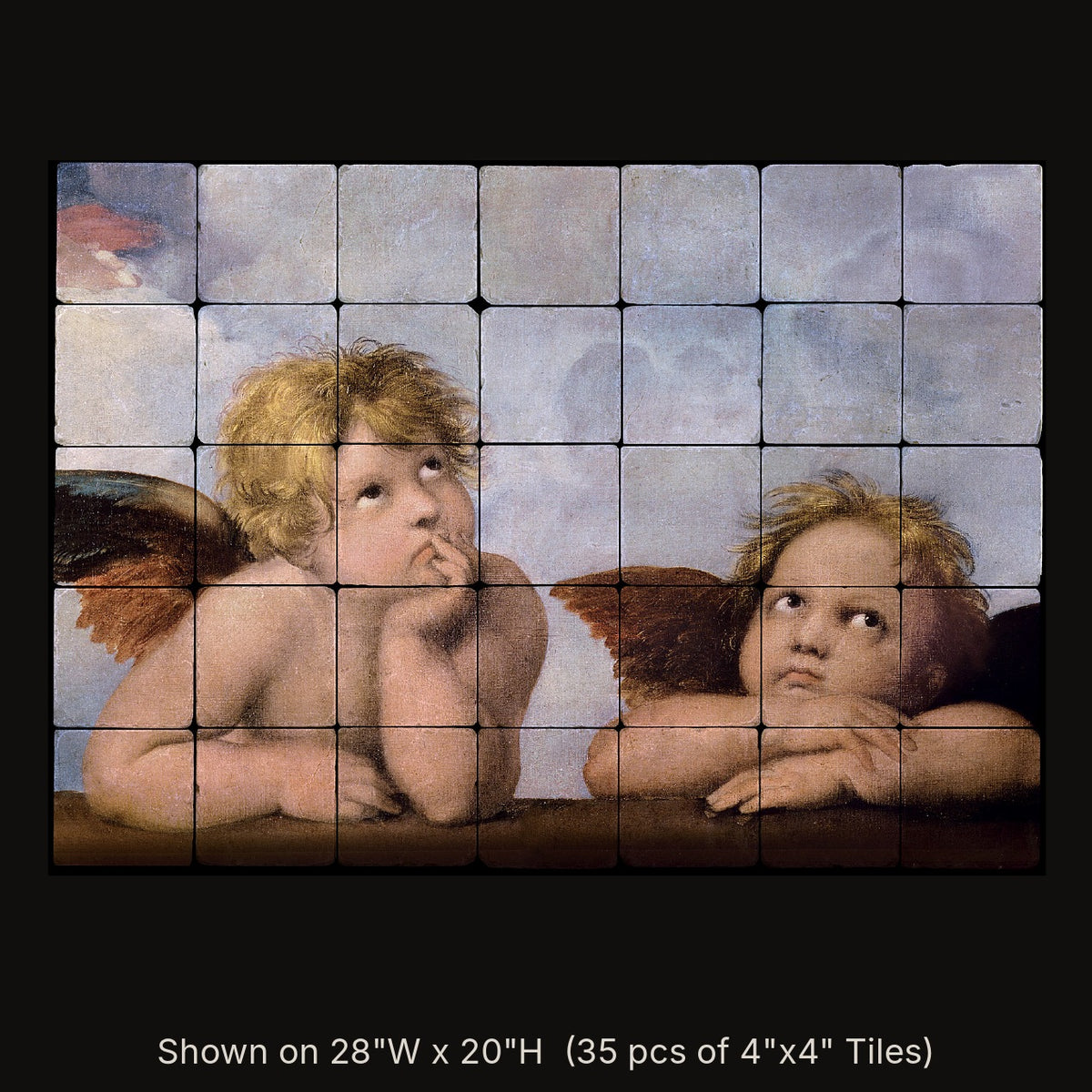 Cherubini by Raphael, stone mural shown on 28"W x 20"H (35 pcs of 4"x4" tumbled marble tiles)
