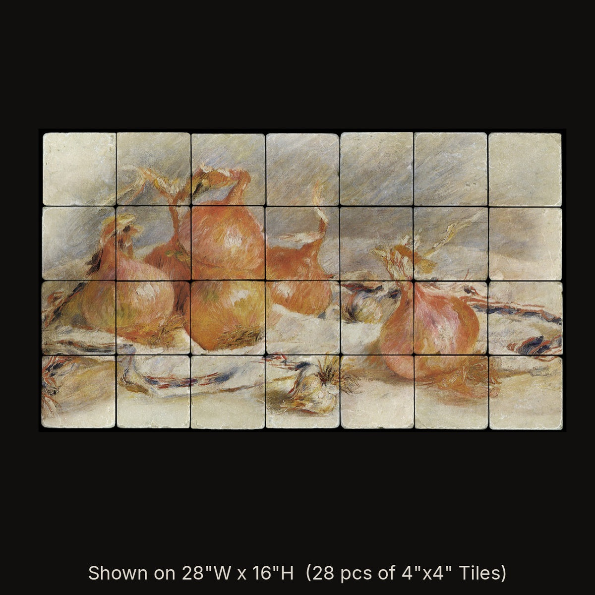 Onions by Pierre-Auguste Renoir, stone mural shown on 28"W x 16"H (28 pcs of 4"x4" tumbled marble tiles)