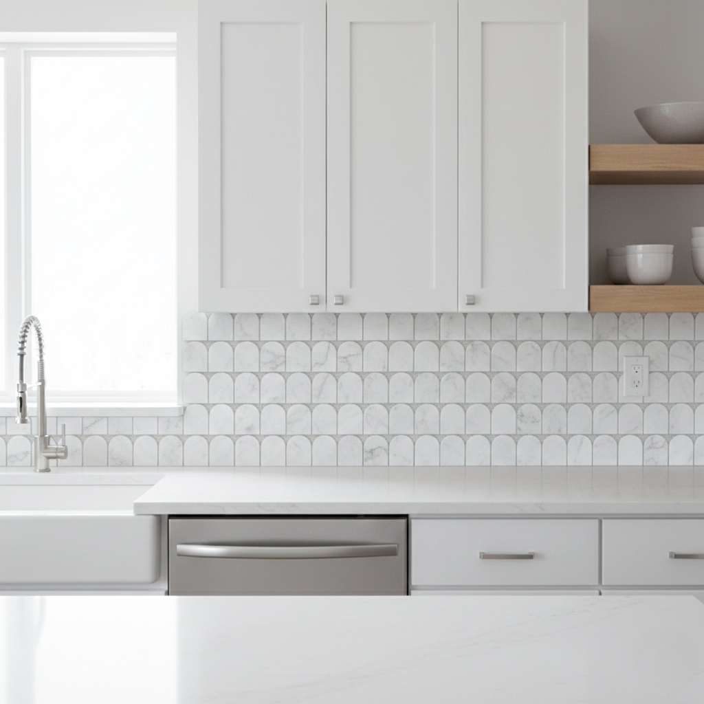Nara Carrara White Arc Marble Mosaic Tile – installed