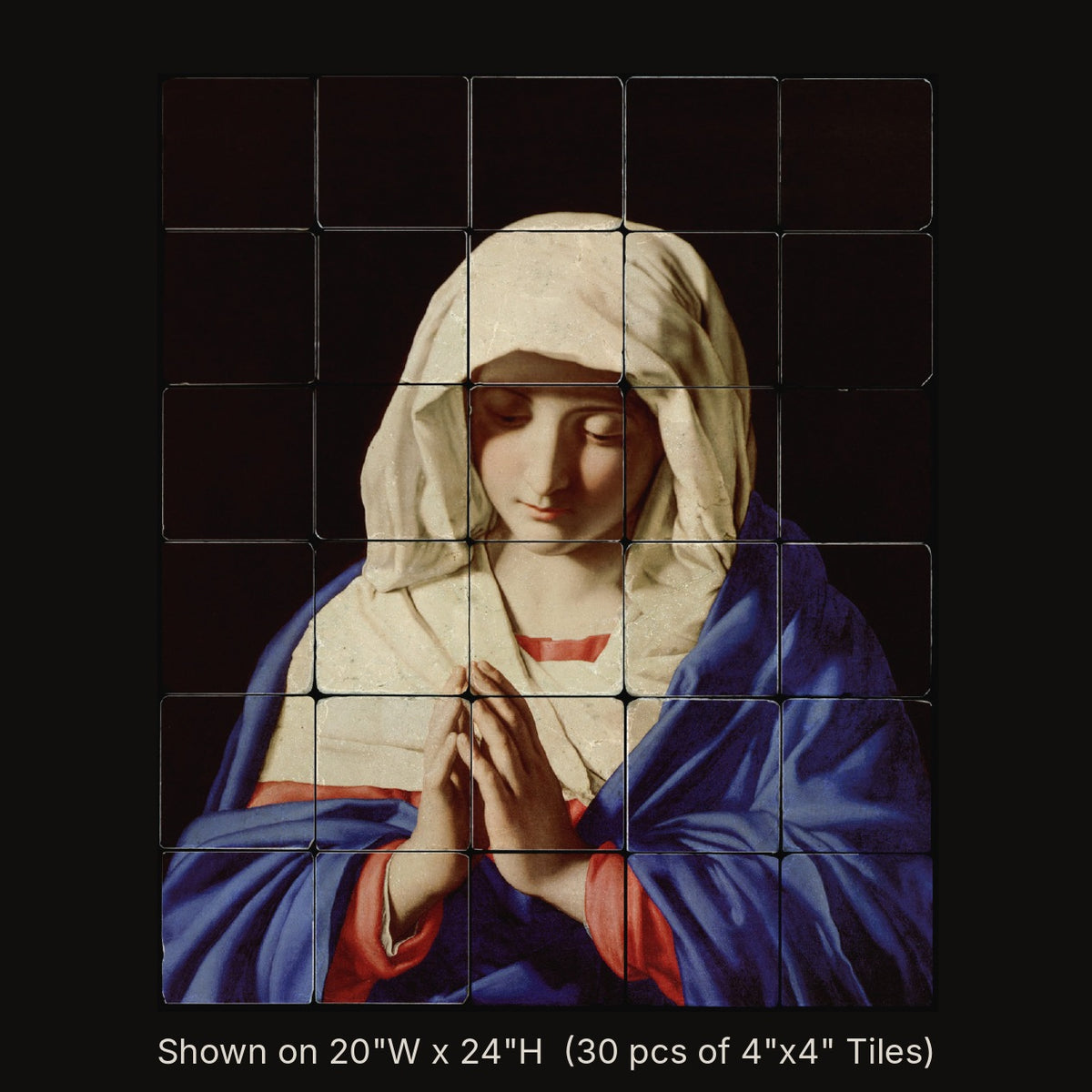 The Virgin in Prayer by Sassoferrato, stone mural shown on 20"W x 24"H (30 pcs of 4"x4" tumbled marble tiles)