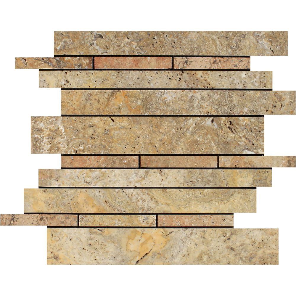Scabos Honed Travertine Random Strip Mosaic Tile