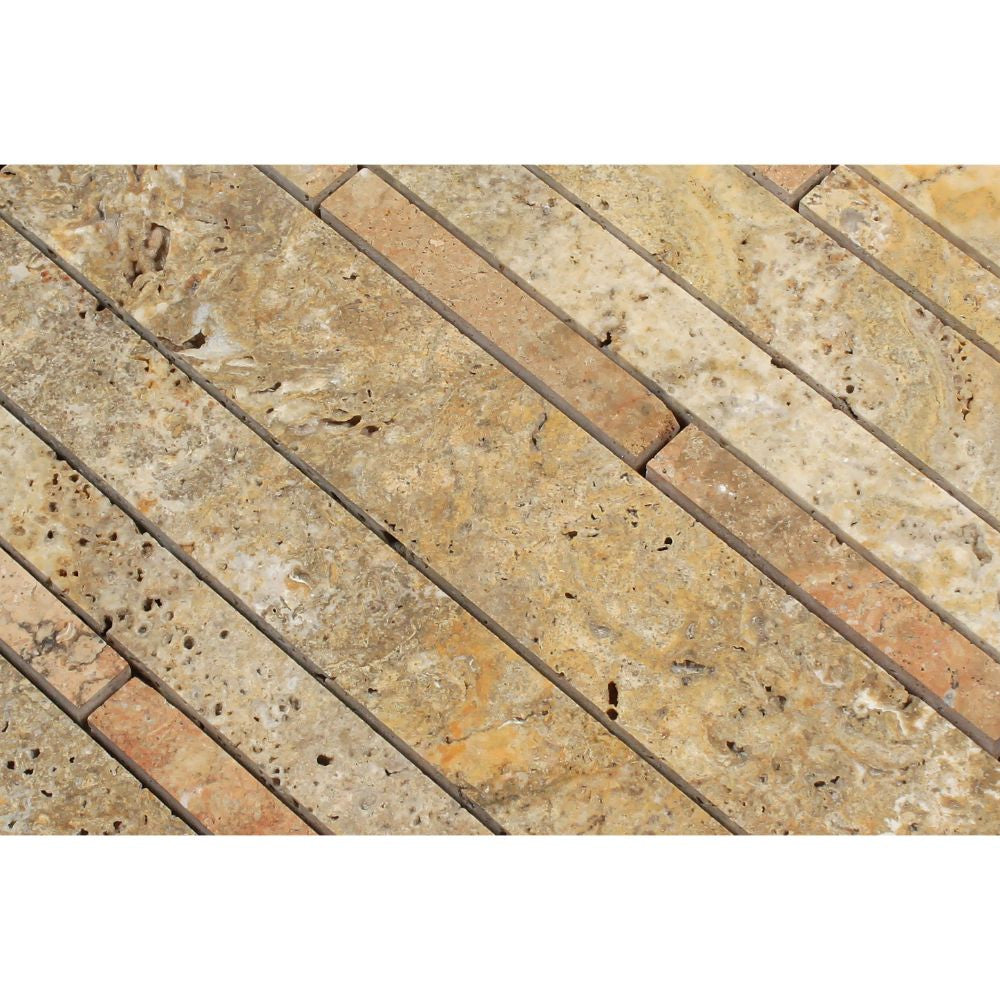 Scabos Honed Travertine Random Strip Mosaic Tile