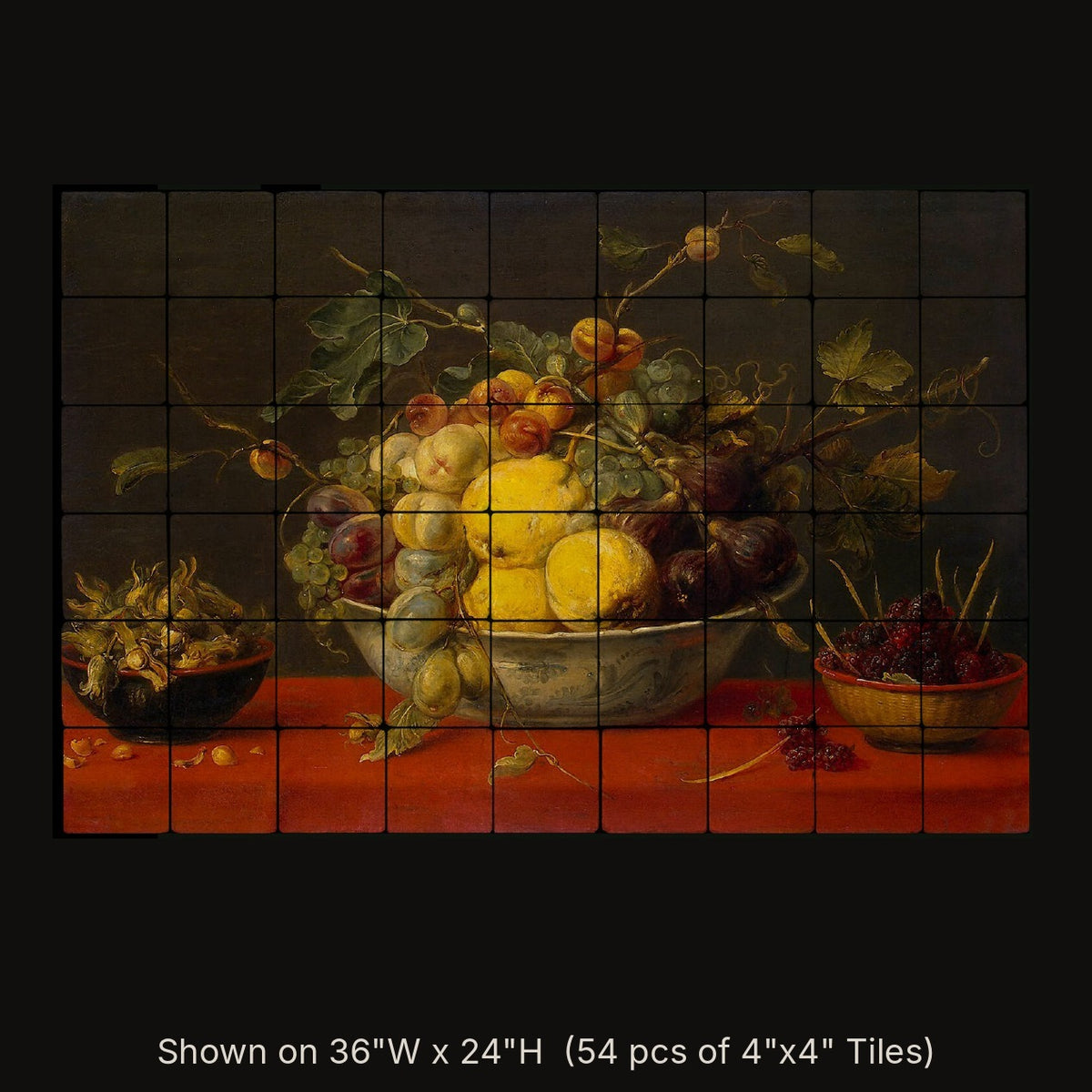 Fruit in a Bowl on a Red Cloth by Frans Snyders, stone mural shown on 36"W x 24"H (54 pcs of 4"x4" tumbled marble tiles)