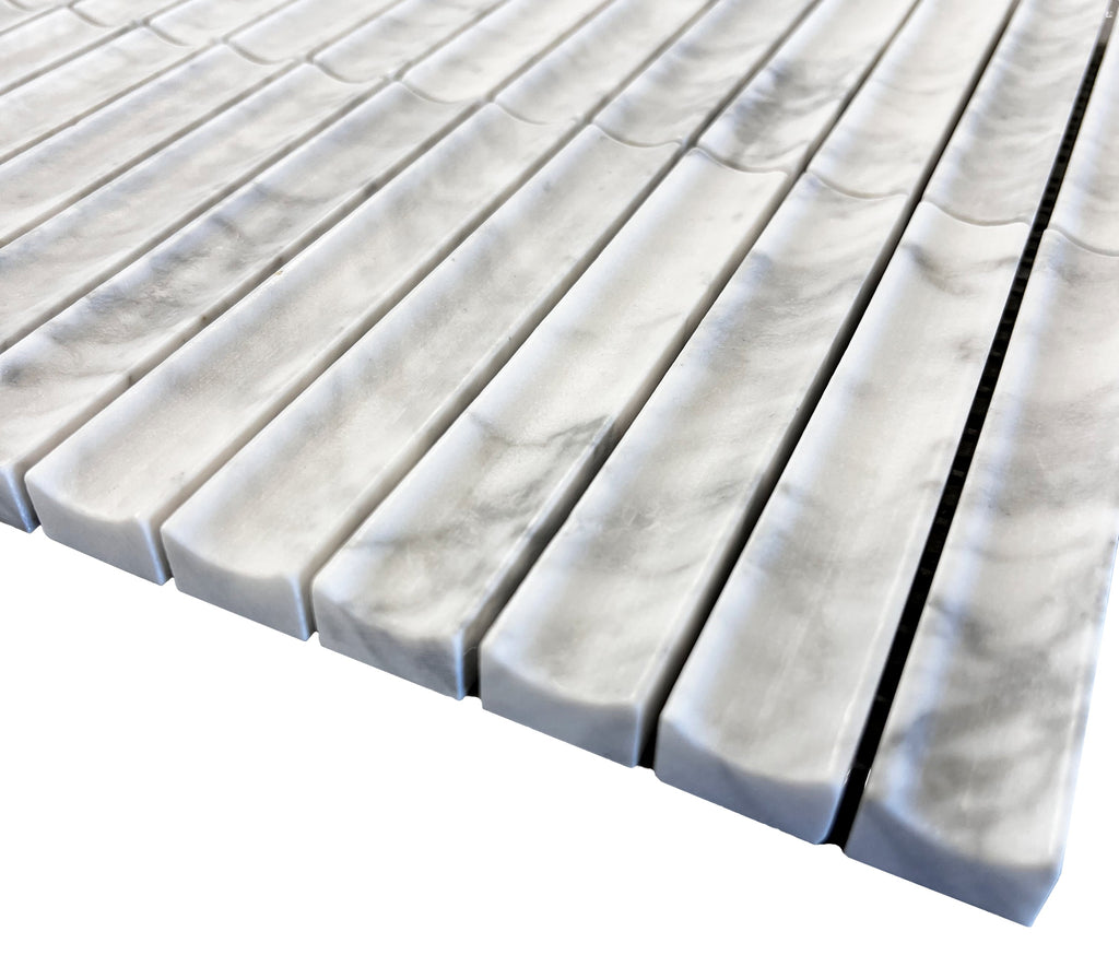 True Carrara Concave Marble Mosaic Tile – installed