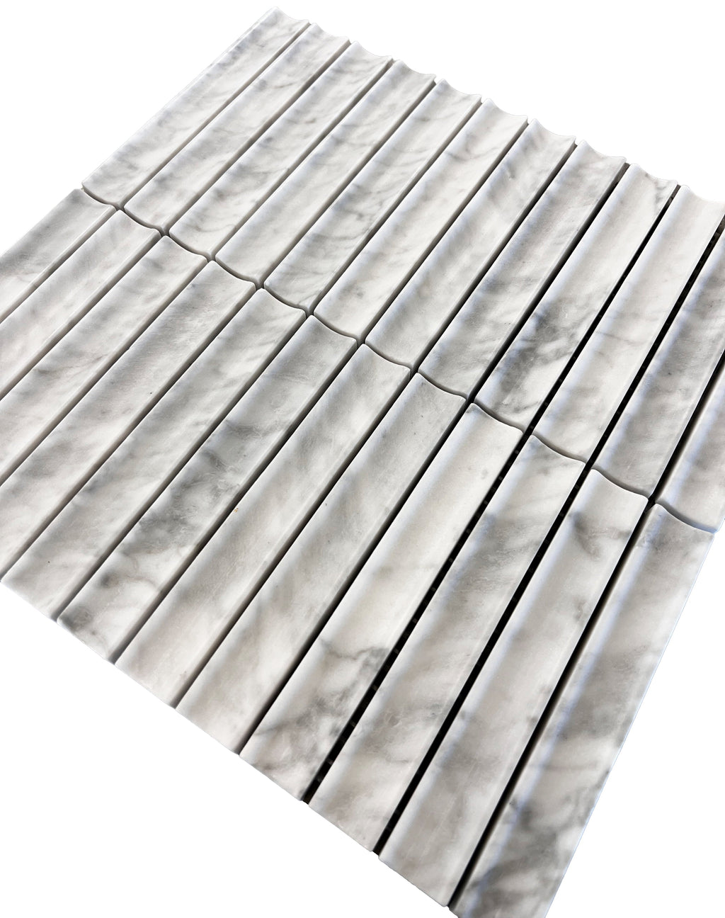True Carrara Concave Marble Mosaic Tile – installed