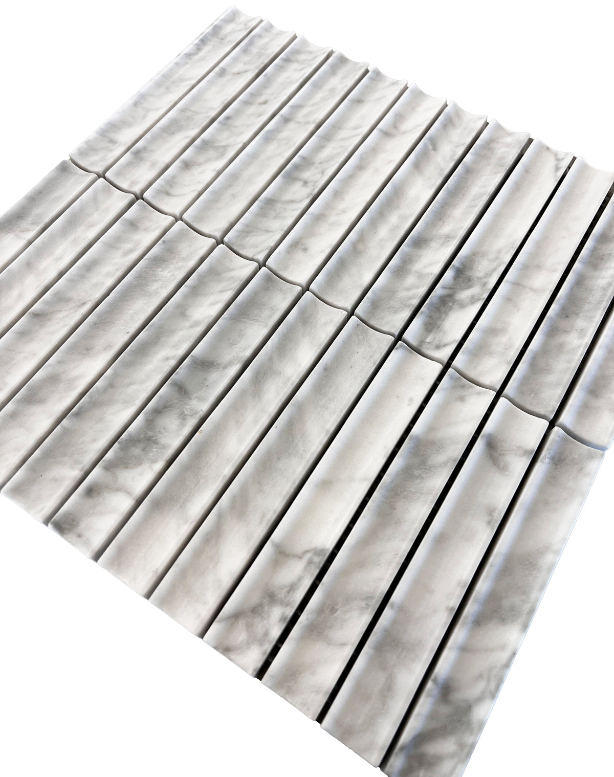 True Carrara Concave Marble Mosaic Tile – installed