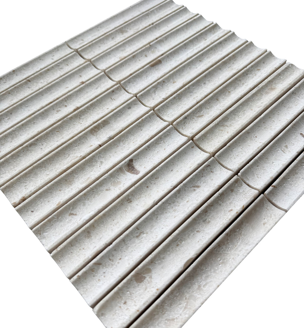 True Golden Shell Beige Concave Marble Mosaic Tile – installed