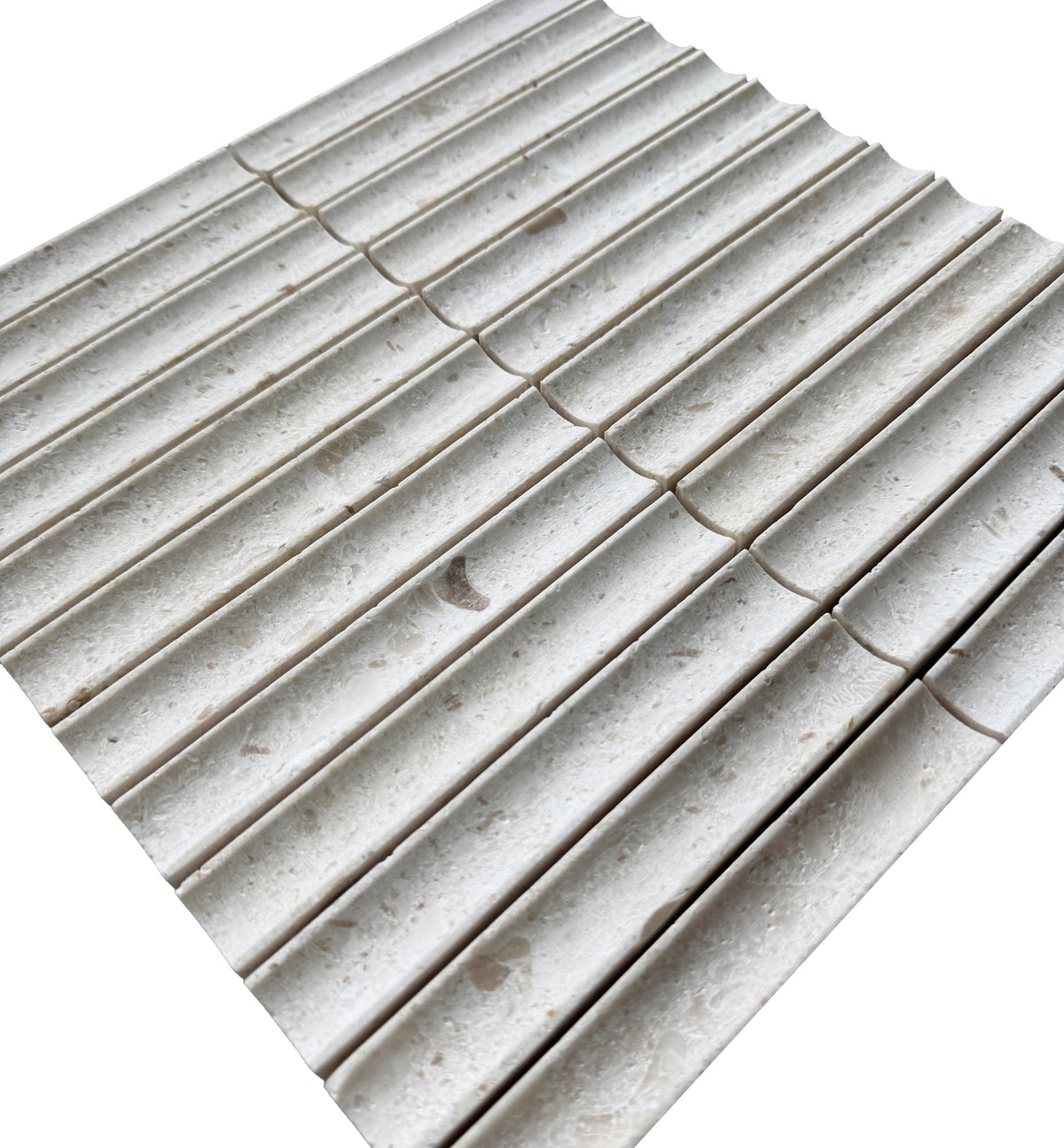 True Golden Shell Beige Concave Marble Mosaic Tile – installed