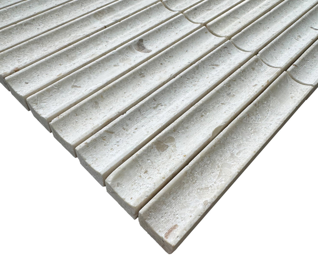 True Golden Shell Beige Concave Marble Mosaic Tile – installed