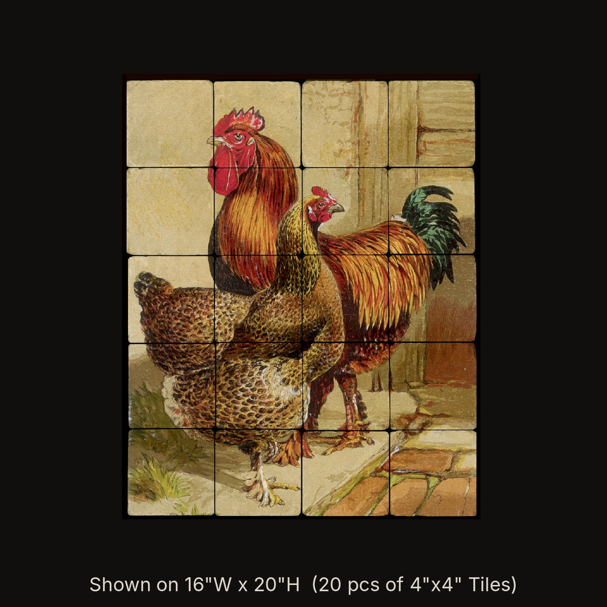 Partridge Cochins inspired by W. B. Tegetmeier, stone mural shown on 16"W x 20"H (20 pcs of 4"x4" tumbled marble tiles)
