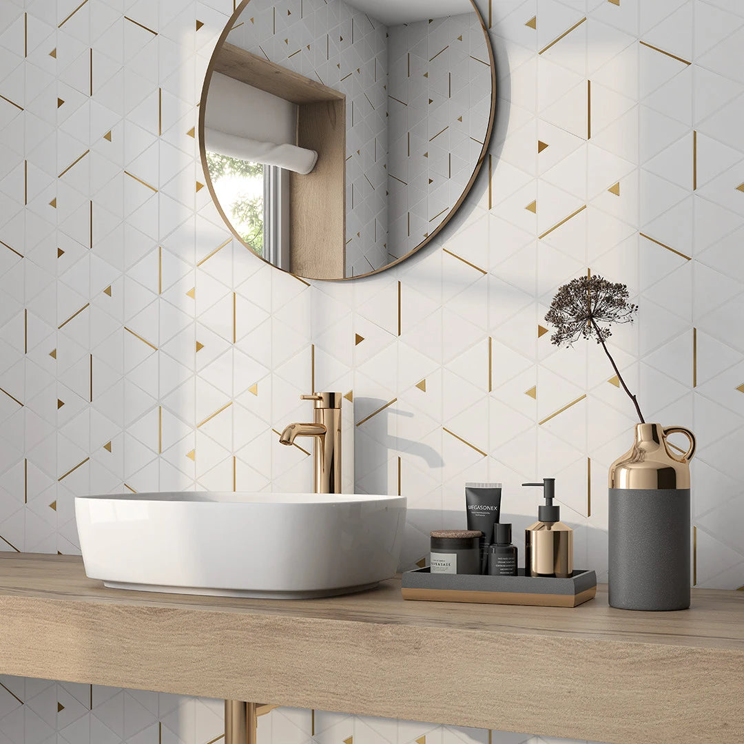 Rockart Thassos Triangle Marble Mosaic Tile – room scene