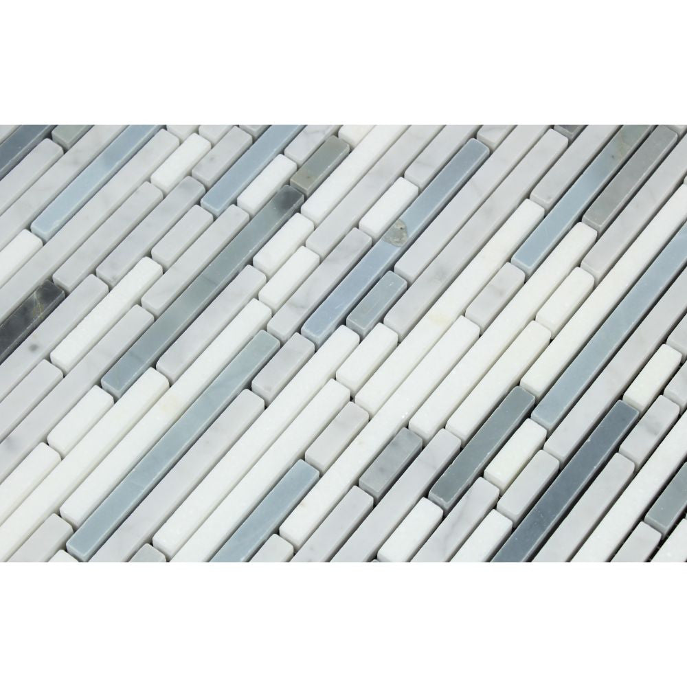 Thassos White Honed Marble Bamboo Sticks Mosaic Tile (Thassos + Carrara + Blue-Gray)
