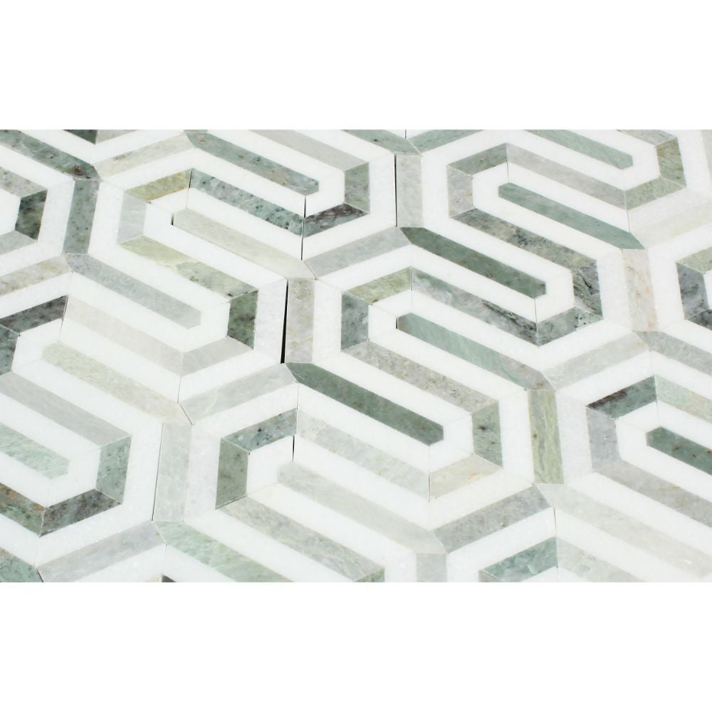 Thassos White Honed Marble Berlinetta Mosaic Tile (Thassos w/ Ming Green)
