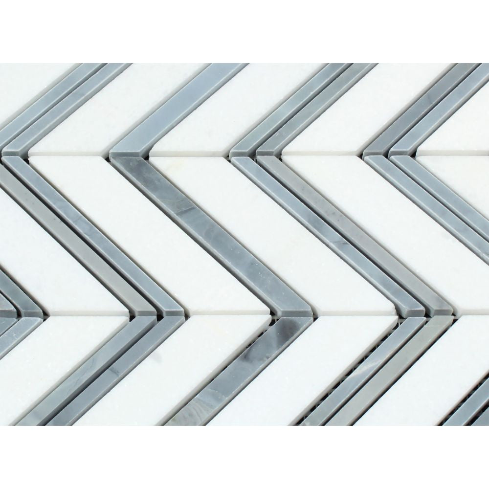 Thassos White Honed Marble Large Chevron Mosaic Tile (Thassos + Blue-Gray (Thin Strips))