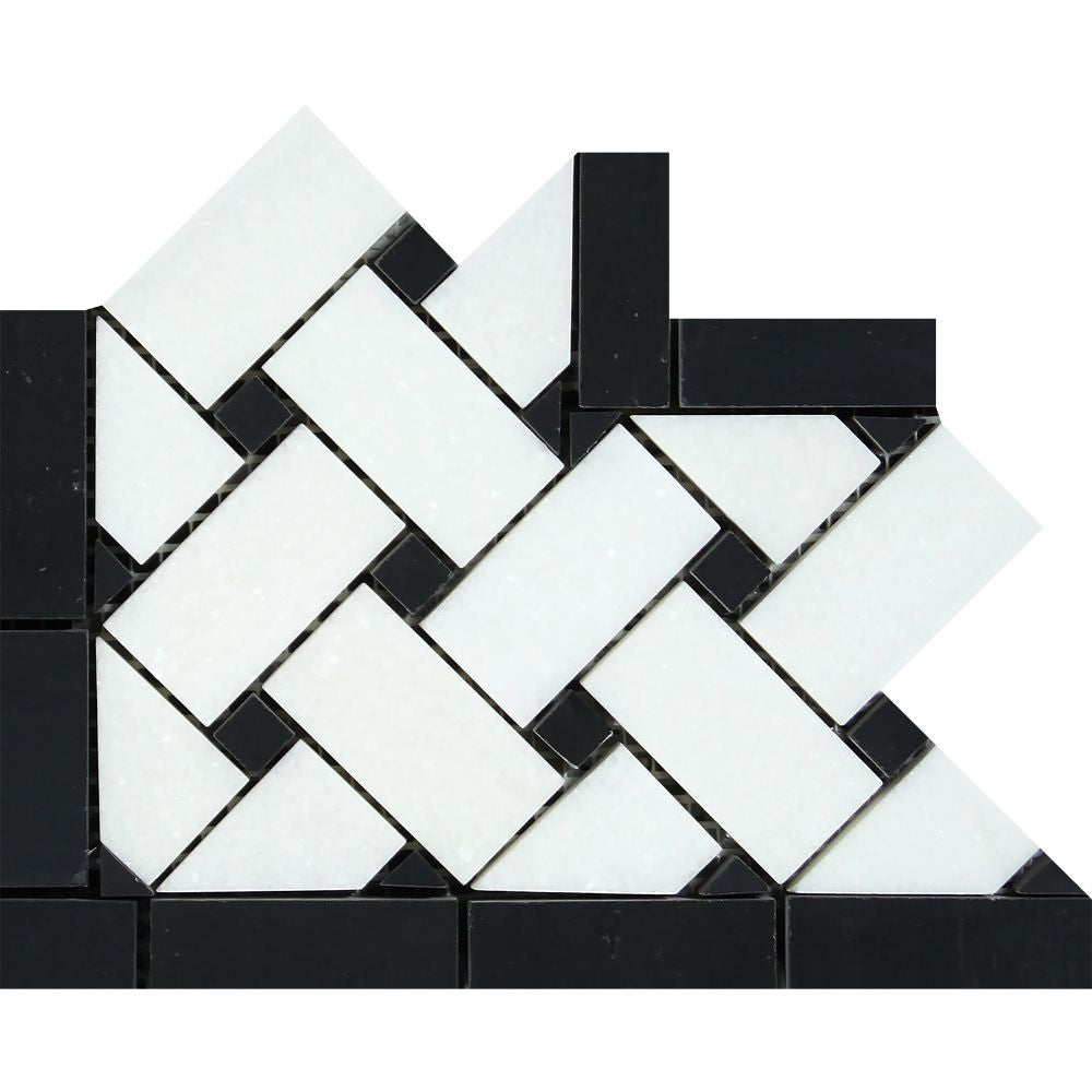 Thassos White Polished Marble Basketweave Corner w/ Black Dots