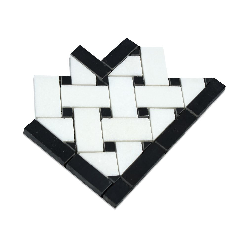 Thassos White Polished Marble Basketweave Corner w/ Black Dots