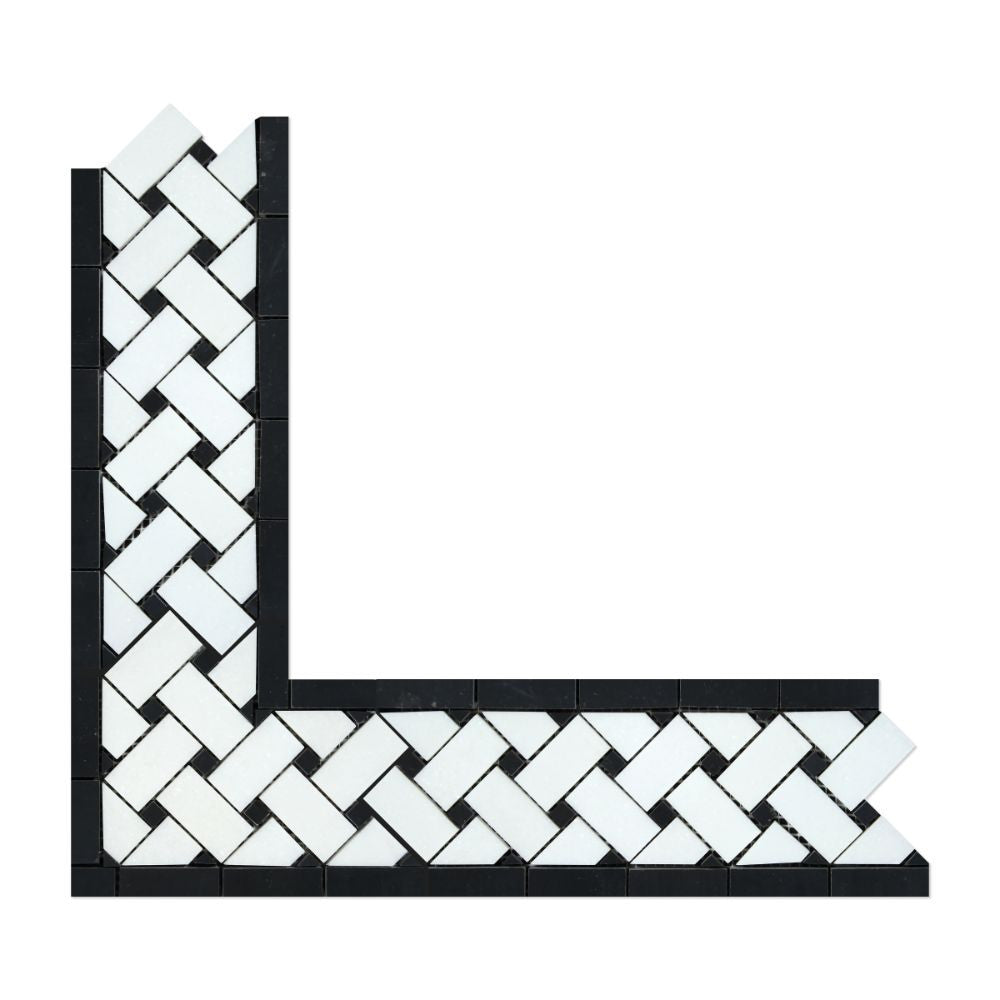 Thassos White Polished Marble Basketweave Corner w/ Black Dots