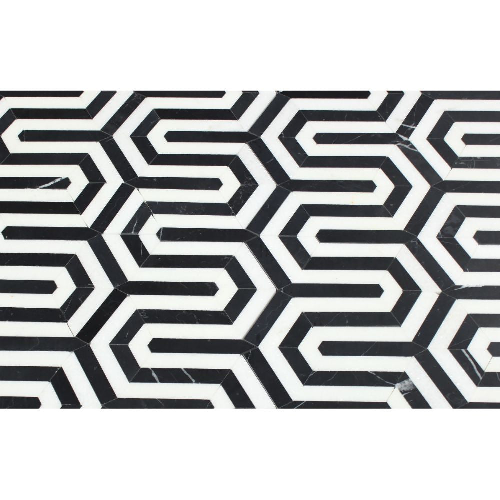 Thassos White Polished Marble Berlinetta Mosaic Tile (Thassos w/ Black)