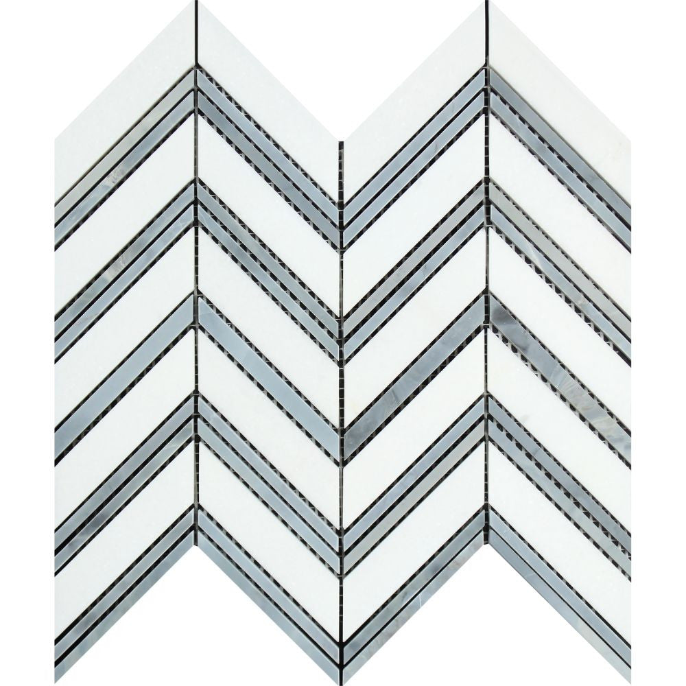 Thassos White Polished Marble Large Chevron Mosaic Tile (Thassos + Blue-Gray (Thin Strips))