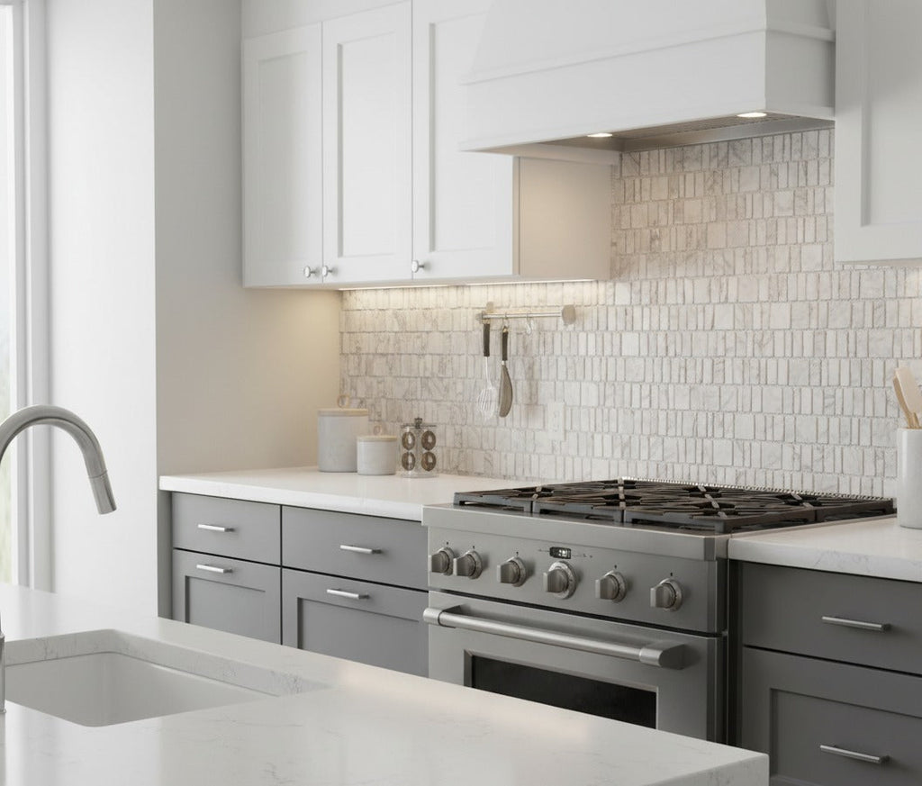 Vera Carrara Offset Marble Mosaic Tile – installed