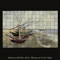 Fishing Boats by Vincent van Gogh, stone mural shown on 60"W x 40"H (150 pcs of 4"x4" tumbled marble tiles)