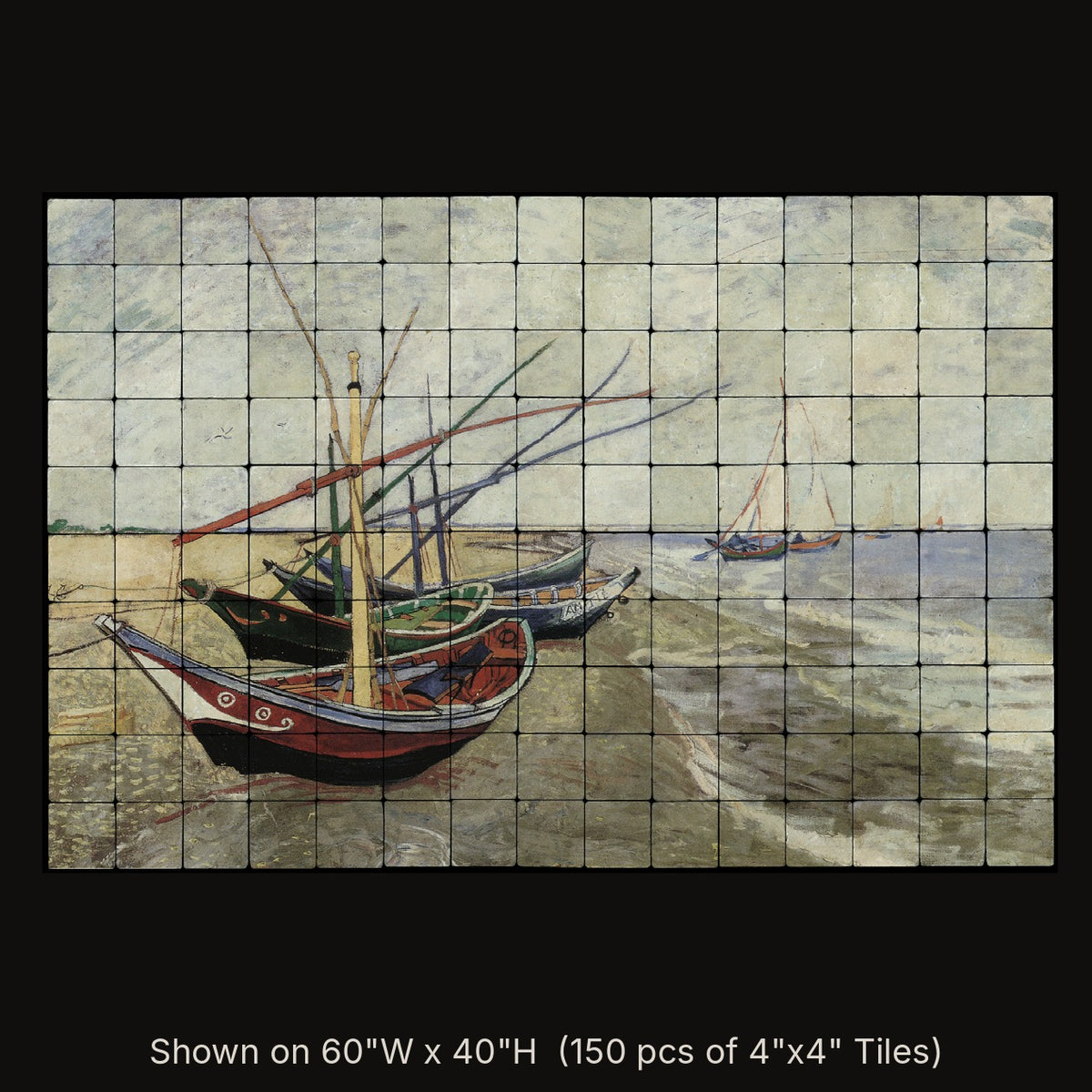 Fishing Boats by Vincent van Gogh, stone mural shown on 60"W x 40"H (150 pcs of 4"x4" tumbled marble tiles)