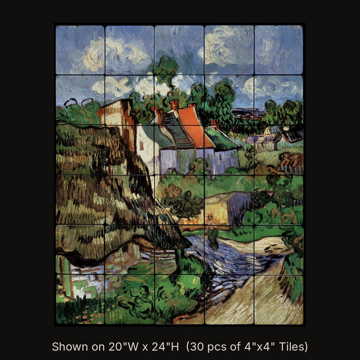 Houses at Auvers by Vincent van Gogh, stone mural shown on 20"W x 24"H (30 pcs of 4"x4" tumbled marble tiles)