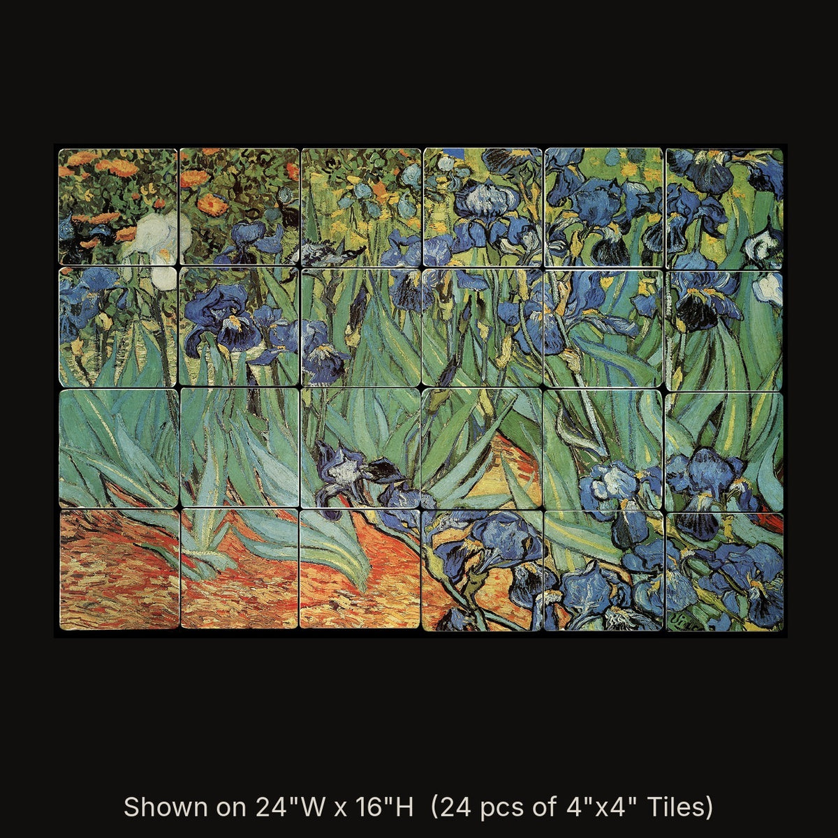 Iris Strauss by Vincent van Gogh, stone mural shown on 24"W x 16"H (24 pcs of 4"x4" tumbled marble tiles)