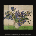 Irises by Vincent van Gogh, stone mural shown on 24"W x 20"H (30 pcs of 4"x4" tumbled marble tiles)