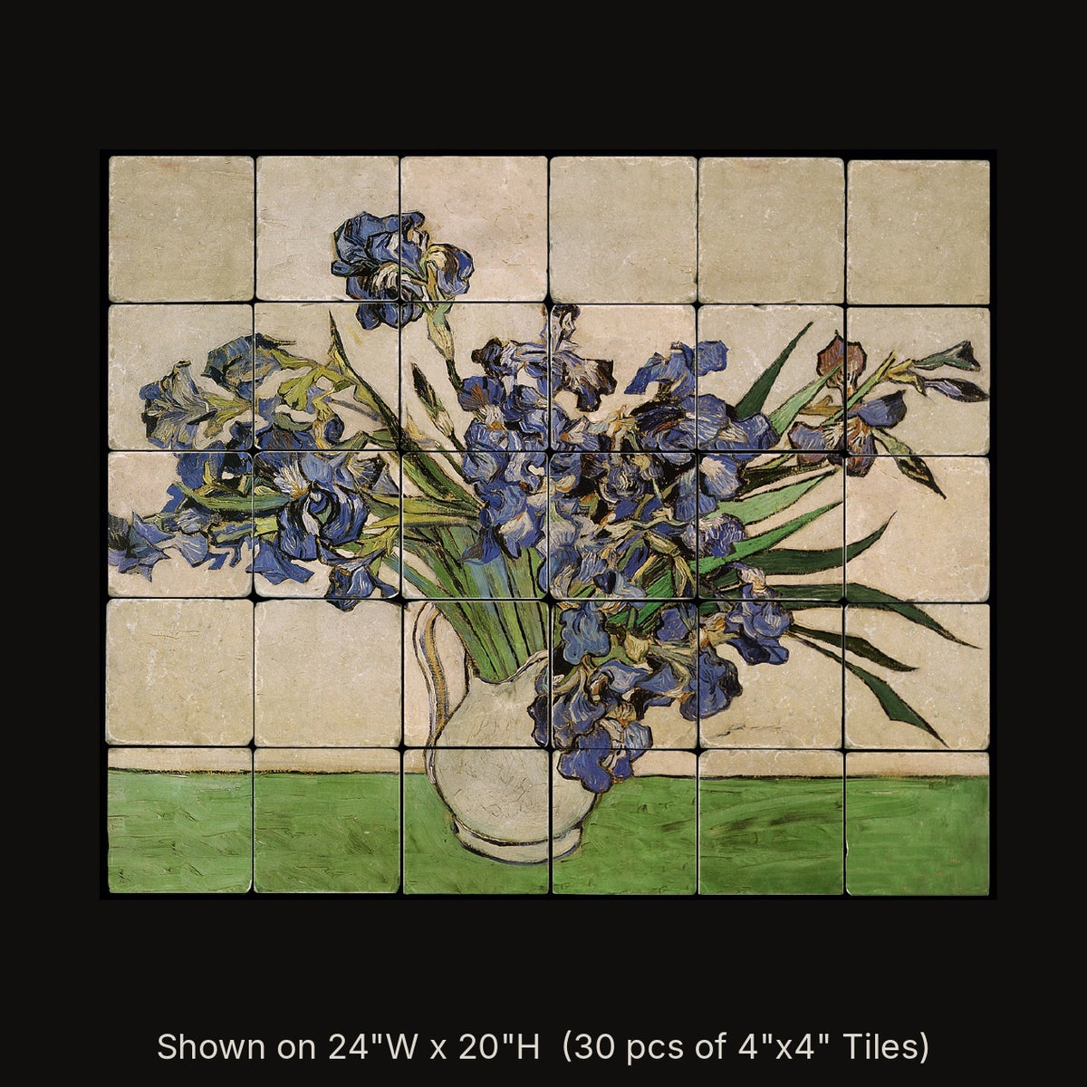 Irises by Vincent van Gogh, stone mural shown on 24"W x 20"H (30 pcs of 4"x4" tumbled marble tiles)
