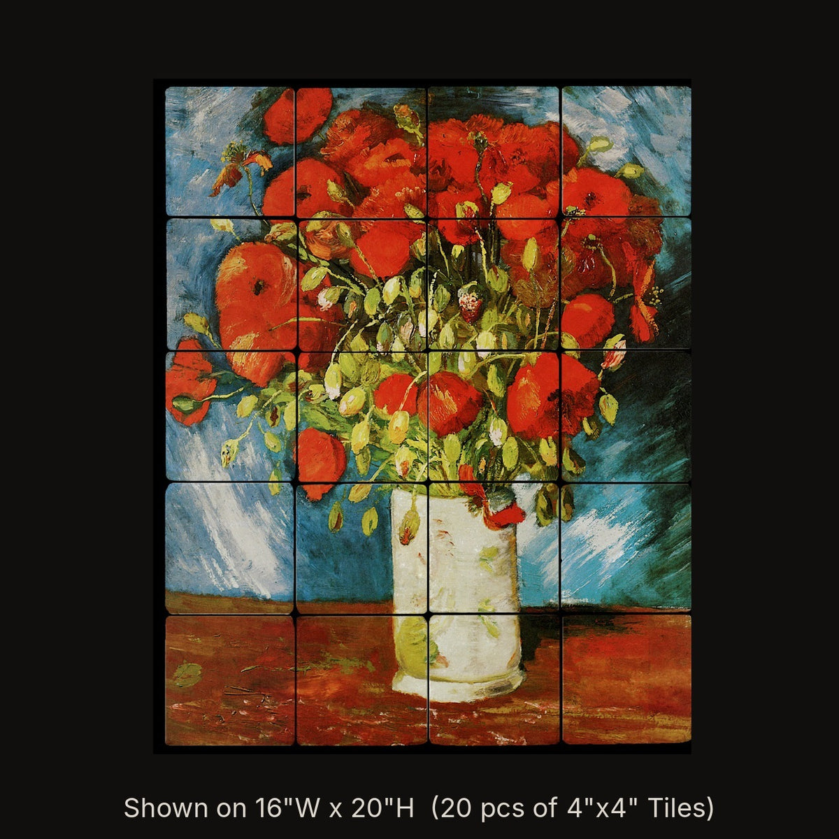 Poppies by Vincent van Gogh, stone mural shown on 16"W x 20"H (20 pcs of 4"x4" tumbled marble tiles)