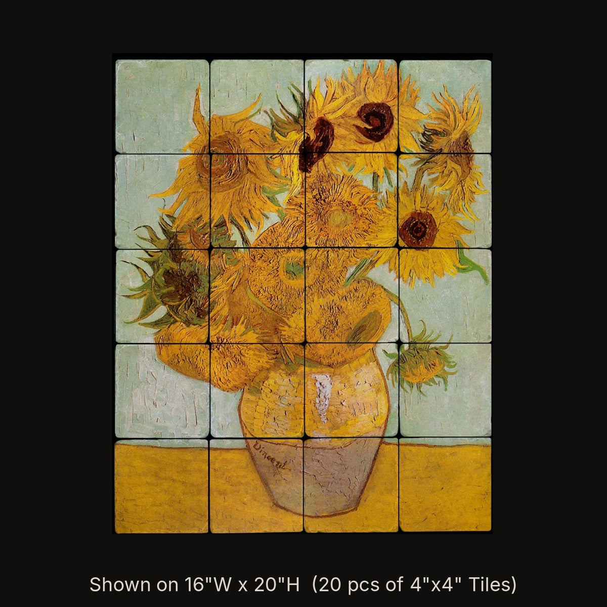 Sunflowers by Vincent van Gogh, stone mural shown on 16"W x 20"H (20 pcs of 4"x4" tumbled marble tiles)