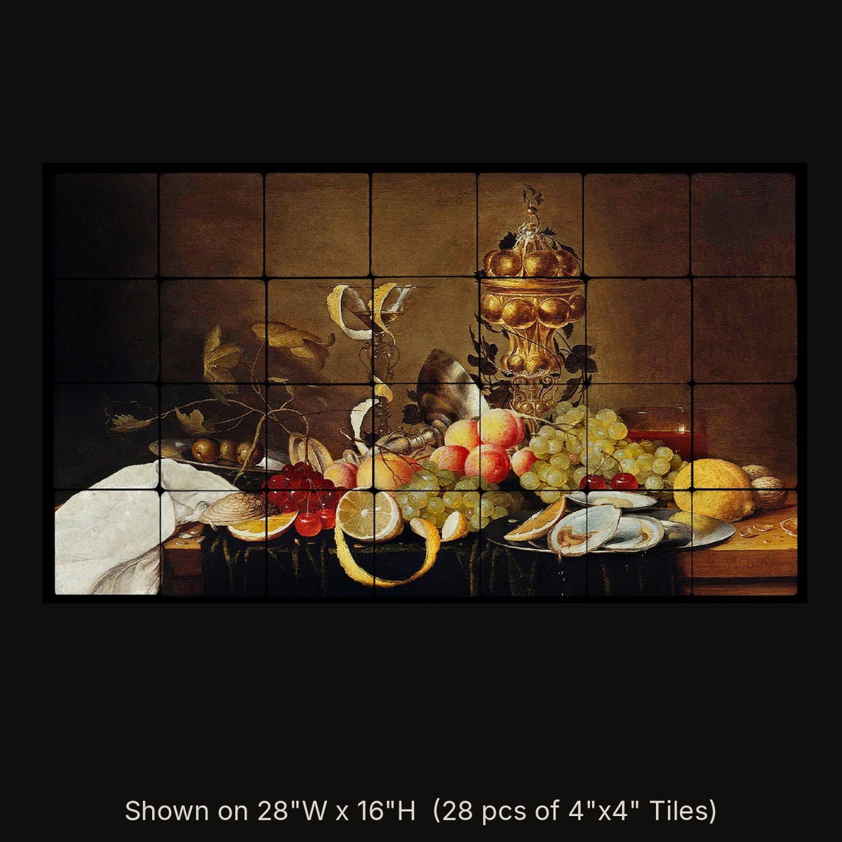 Still Life with Fruits, Oysters, a Taza, a Guild Goblet & a Falcon de Venise by Jacob van Hulsdonck, stone mural shown on 28"W x 16"H (28 pcs of 4"x4" tumbled marble tiles)