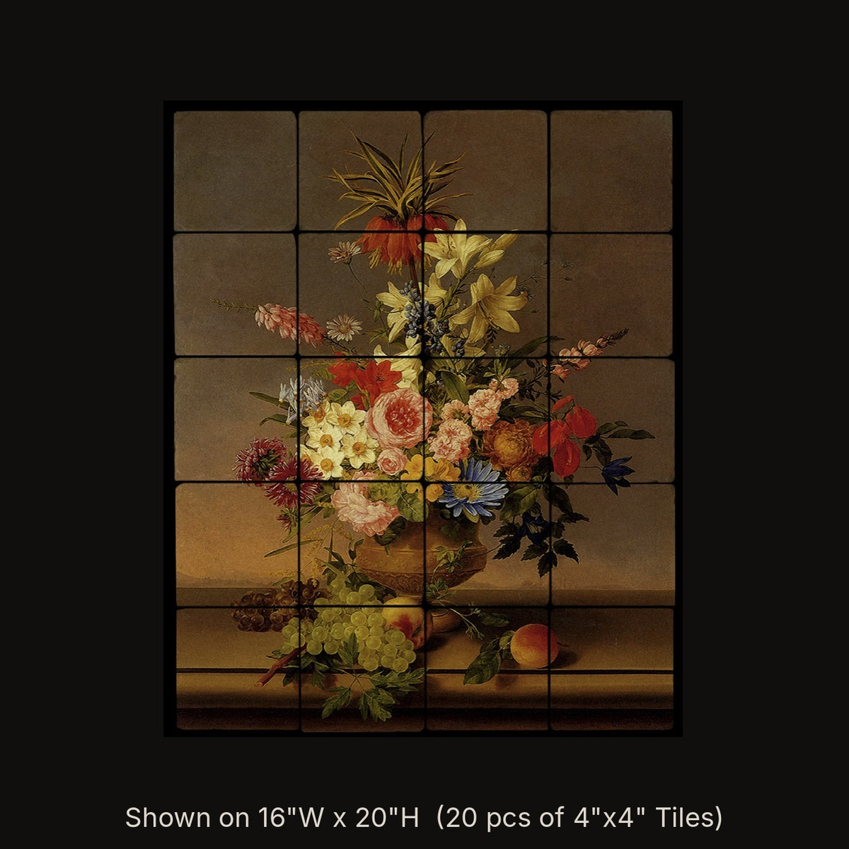 Still Life of various Flowers in a Vase with Bunches of Grapes & Peaches by Leopold von Stoll, stone mural shown on 16"W x 20"H (20 pcs of 4"x4" tumbled marble tiles)