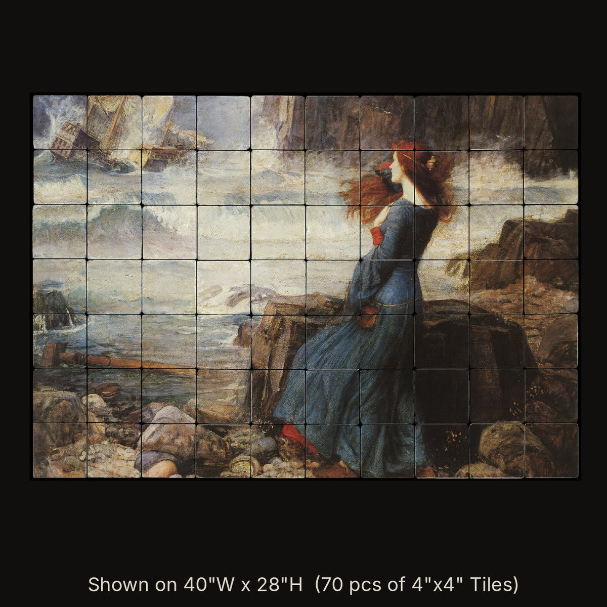 Miranda – The Tempest by John William Waterhouse, stone mural shown on 40"W x 28"H (70 pcs of 4"x4" tumbled marble tiles)