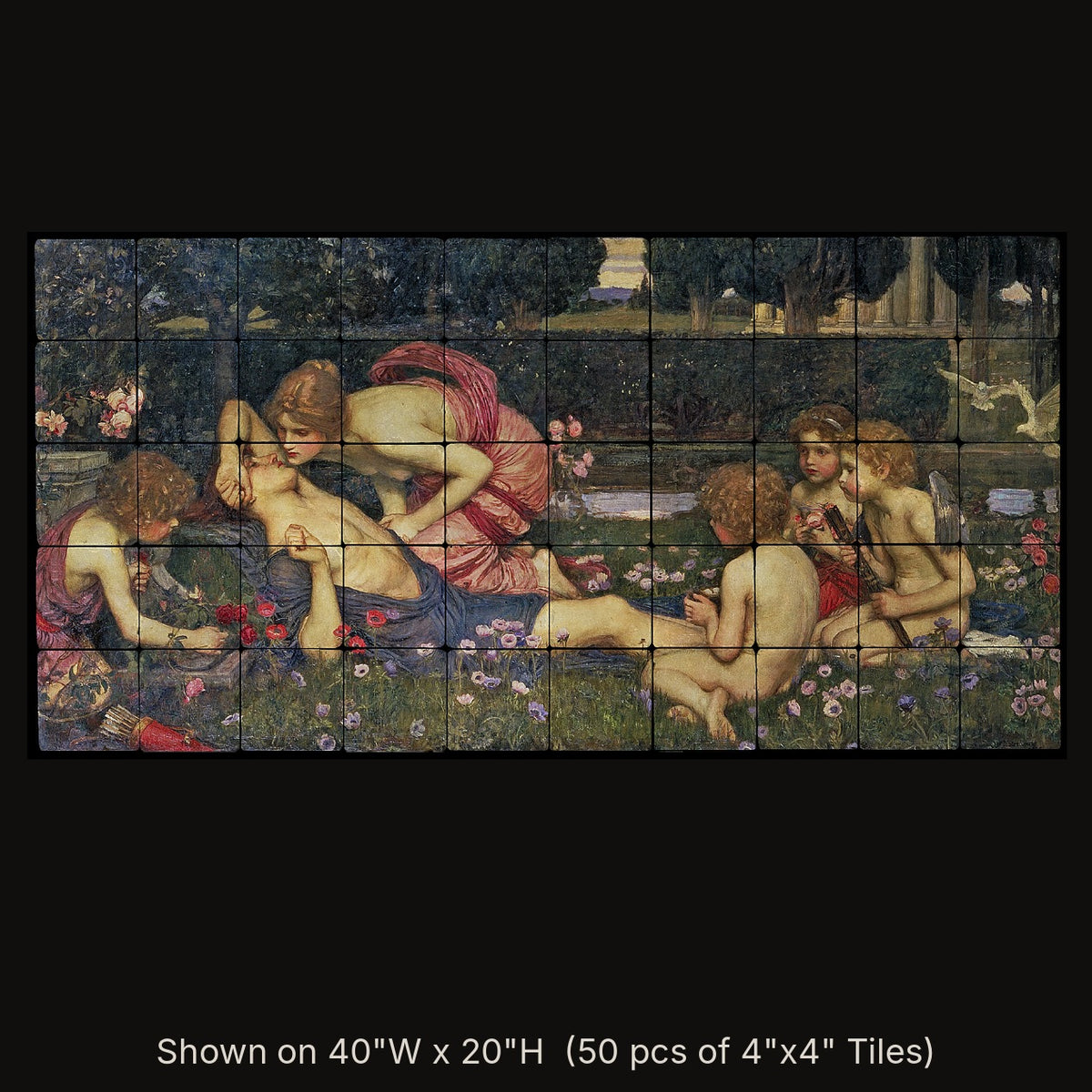 The Awakening of Adonis by John William Waterhouse, stone mural shown on 40"W x 20"H (50 pcs of 4"x4" tumbled marble tiles)