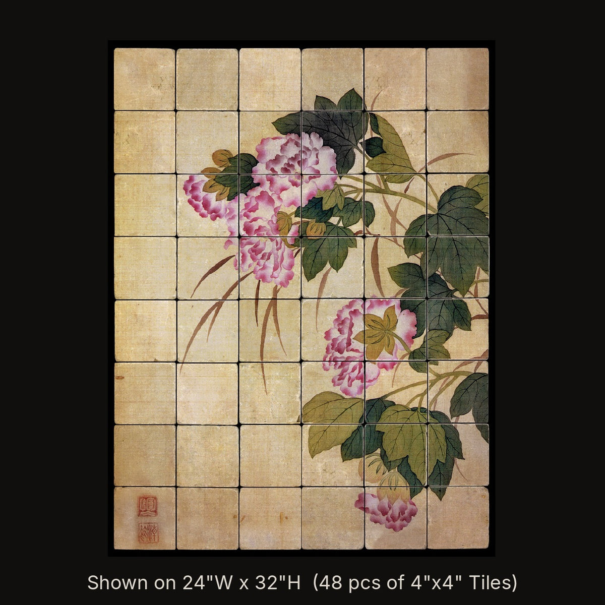 Hibiscus by Yun Bing, stone mural shown on 24"W x 32"H (48 pcs of 4"x4" tumbled marble tiles)