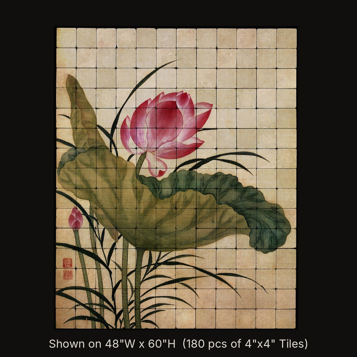 Lotus by Yun Bing, stone mural shown on 48"W x 60"H (180 pcs of 4"x4" tumbled marble tiles)